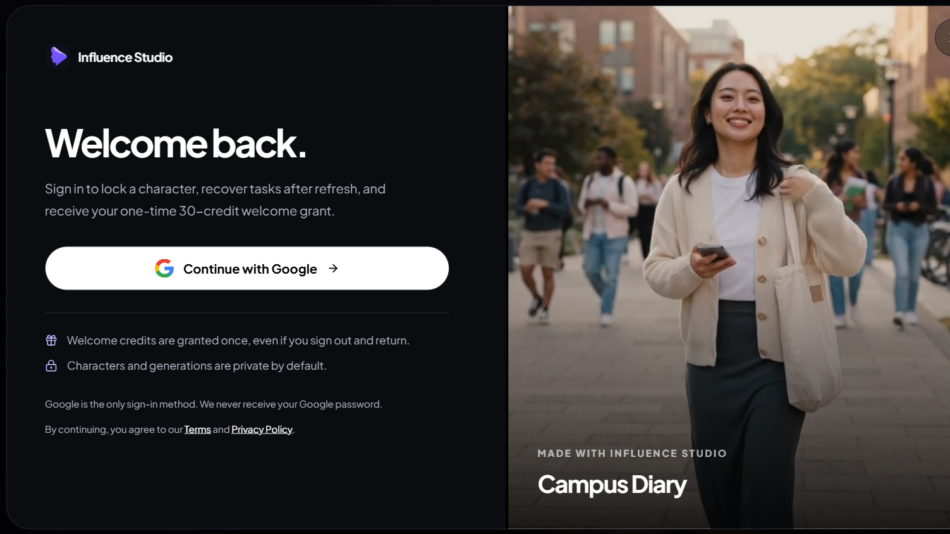 59 - Split-screen sign-in screen: left dark panel with 'Welcome back' headline, Google sign-in button, and privacy notes; right side shows a smiling woman walking on campus holding a phone with 'Campus Diary' caption.