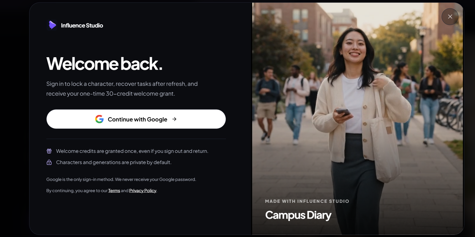 59 - Split-screen sign-in screen: left dark panel with 'Welcome back' headline, Google sign-in button, and privacy notes; right side shows a smiling woman walking on campus holding a phone with 'Campus Diary' caption.