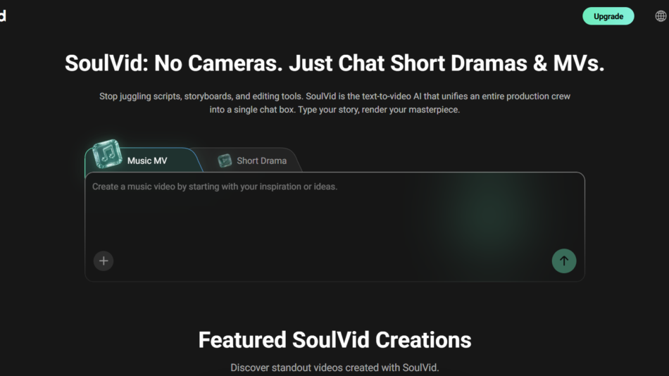 6 - Dark SoulVId homepage header with logo, left navigation rail (Home, Canvas, Project, Assets), large bold headline: 'SoulVid: No Cameras. Just Chat Short Dramas & MVs.' and subheading.