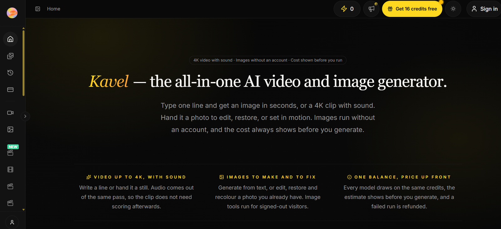 6 - Hero banner for 'Kavel' AI video and image generator: bold headline 'Kavel — the all-in-one AI video and image generator' on a dark gradient background with descriptive subheading about one-line generation and 4K clips.