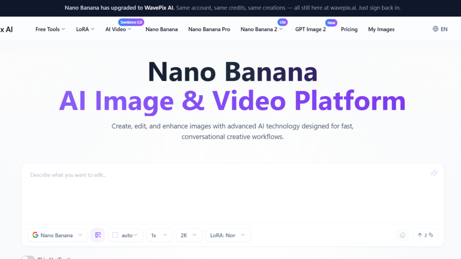 Hero banner for WavePix AI with bold 'Nano Banana' title and purple 'AI Image & Video Platform' subtitle and top navigation.