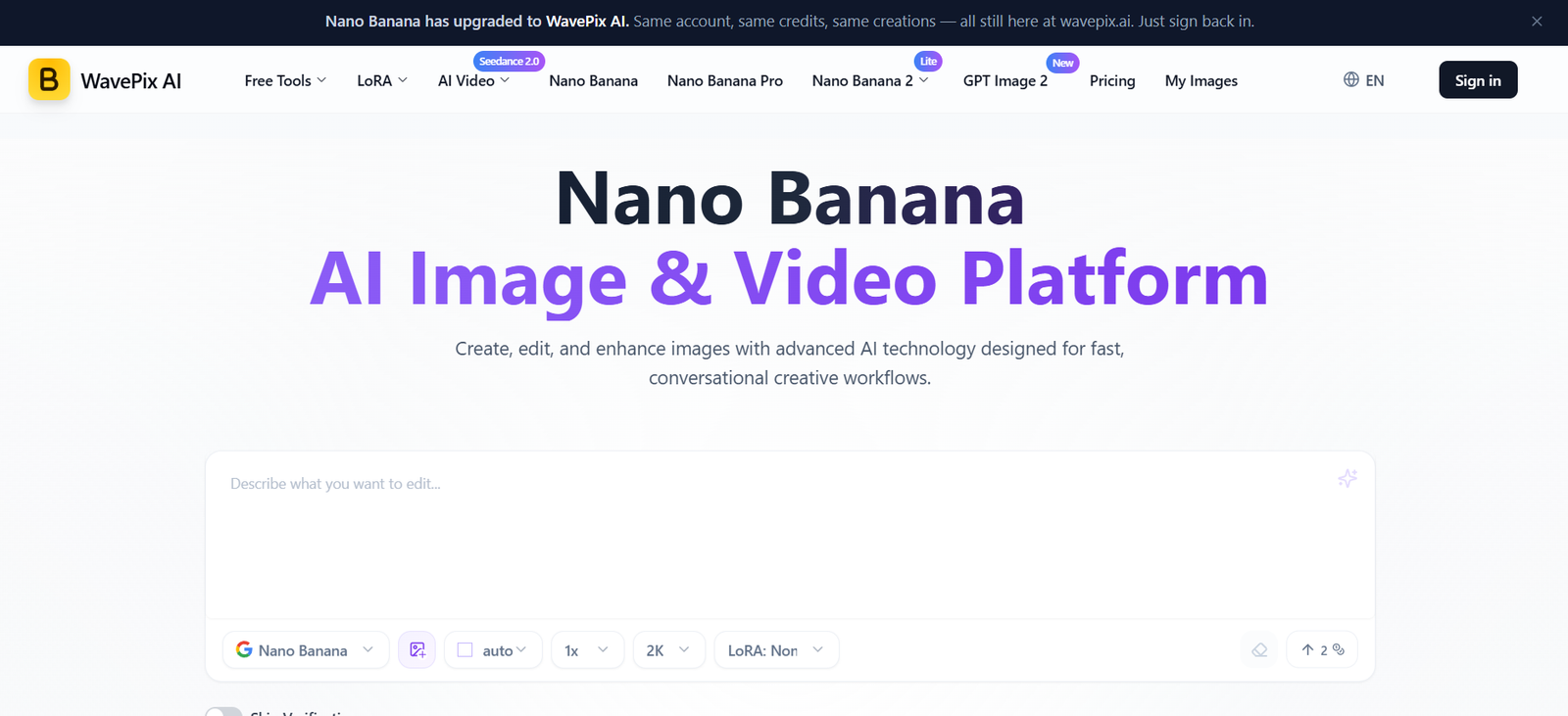 Hero banner for WavePix AI with bold 'Nano Banana' title and purple 'AI Image & Video Platform' subtitle and top navigation.
