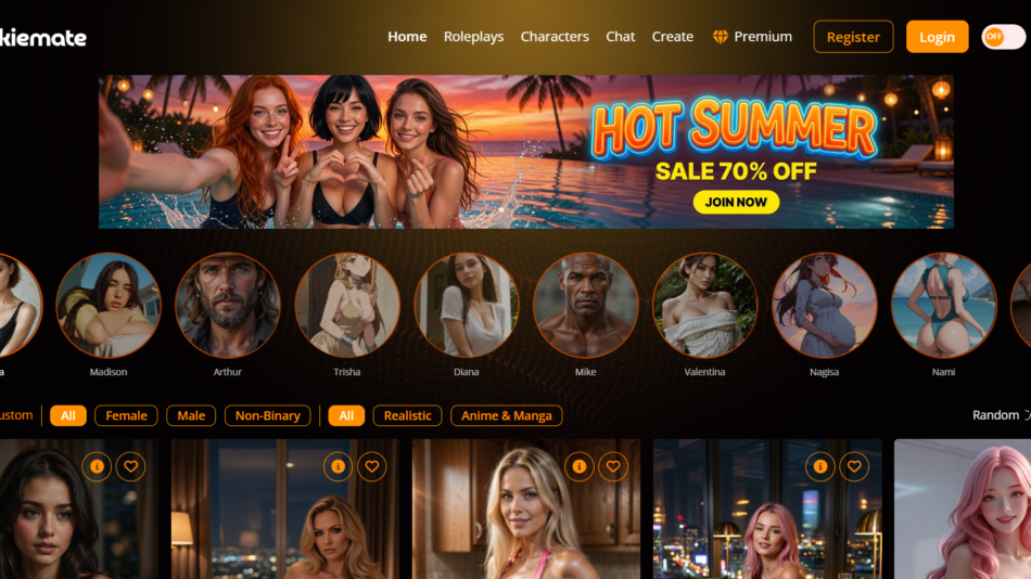 Hero banner for Talkiemate featuring a poolside 'Hot Summer' sale graphic and a 'Join Now' button with three smiling women in swimsuits in the foreground.