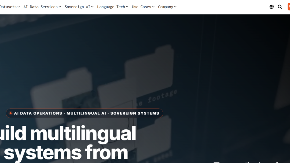 Pangeanic hero banner: dark blue gradient background with blurred data imagery, large white headline reading 'Build multilingual AI systems from', and a rounded orange pill displaying 'AI DATA OPERATIONS • MULTILINGUAL AI • SOVEREIGN SYSTEMS'