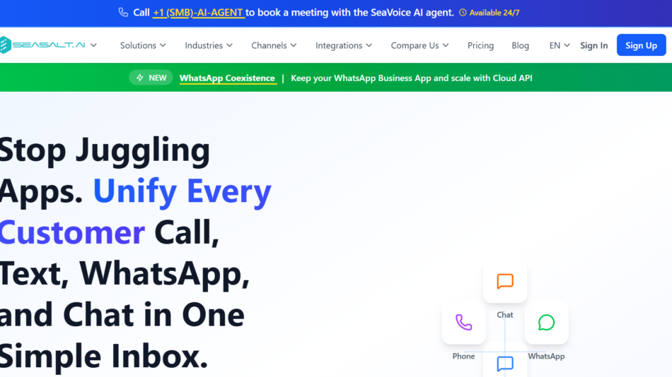 Hero banner with bold headline: 'Stop Juggling Apps. Unify Every Customer Call, Text, WhatsApp, and Chat in One Simple Inbox.' Blue gradient background and a green promo bar above.