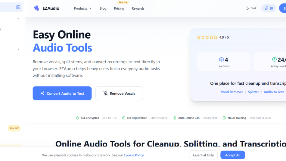 EZAudio hero section with the headline 'Easy Online Audio Tools', a descriptive paragraph, and two CTAs: 'Convert Audio to Text' and 'Remove Vocals', plus a right-side rating/feature panel.