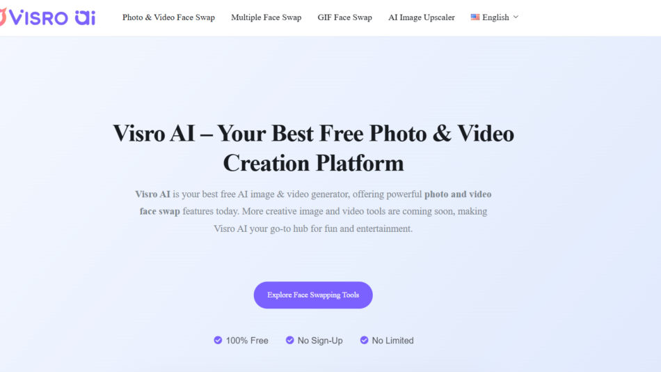 6 - Visro AI hero banner with logo and navigation, large bold title about free photo and video creation, and a purple 'Explore Face Swapping Tools' button on a blue-gradient background.
