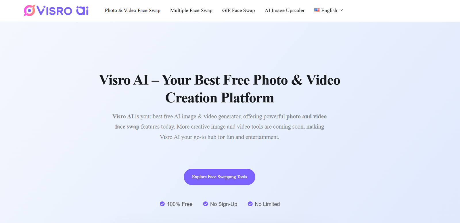 6 - Visro AI hero banner with logo and navigation, large bold title about free photo and video creation, and a purple 'Explore Face Swapping Tools' button on a blue-gradient background.