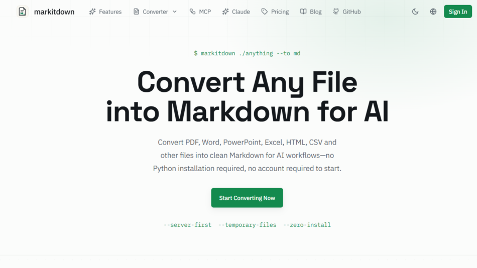 Hero banner: Convert any file into Markdown for AI with a green 'Start Converting Now' button, plus descriptive subtitle.