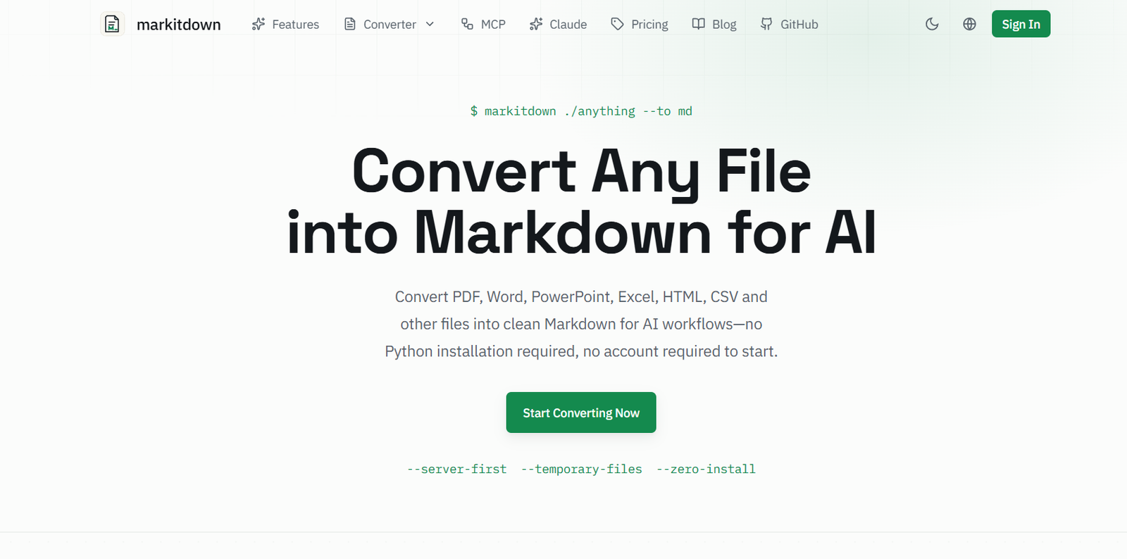 Hero banner: Convert any file into Markdown for AI with a green 'Start Converting Now' button, plus descriptive subtitle.