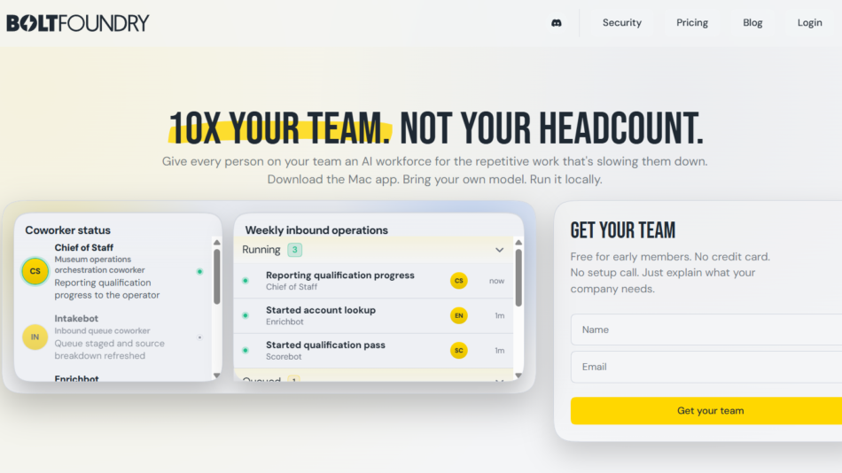 61 - Hero section with three rounded cards: left shows 'Coworker status', middle 'Weekly inbound operations', right 'GET YOUR TEAM' sign-up form.