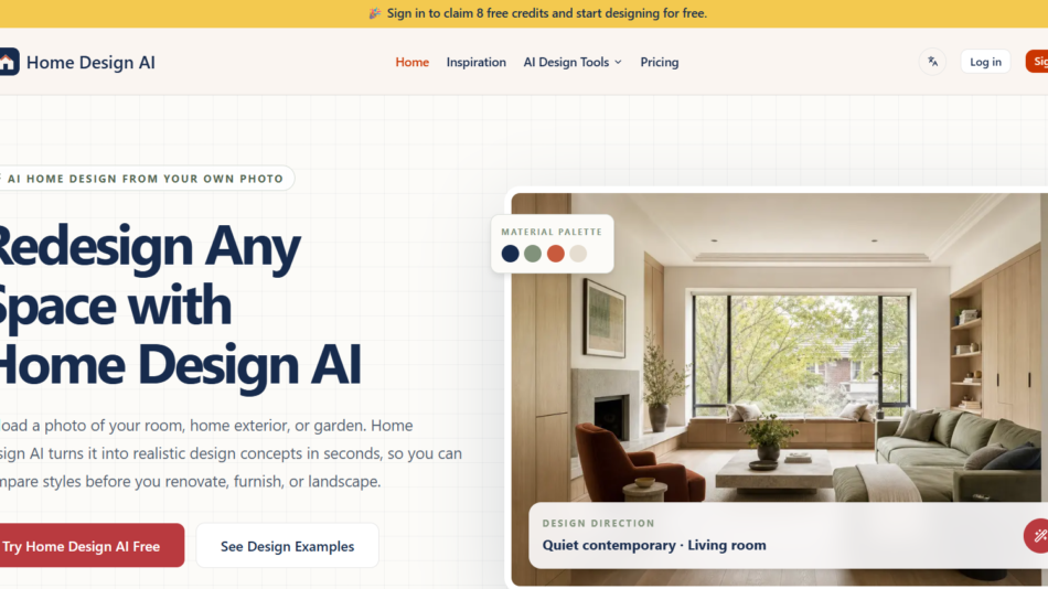 Homepage hero: large headline 'Redesign Any Space with Home Design AI' over a grid background with a modern living room image on the right and navigation bar above.