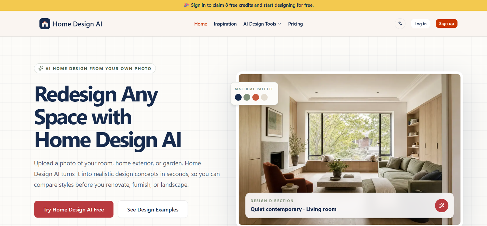 Homepage hero: large headline 'Redesign Any Space with Home Design AI' over a grid background with a modern living room image on the right and navigation bar above.