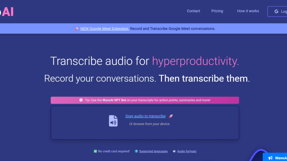 62 - Hero section of WavoAI landing page: dark blue background with headline 'Transcribe audio for hyperproductivity' and subhead 'Record your conversations. Then transcribe them.' plus a drag-to-transcribe box and tips bar above.