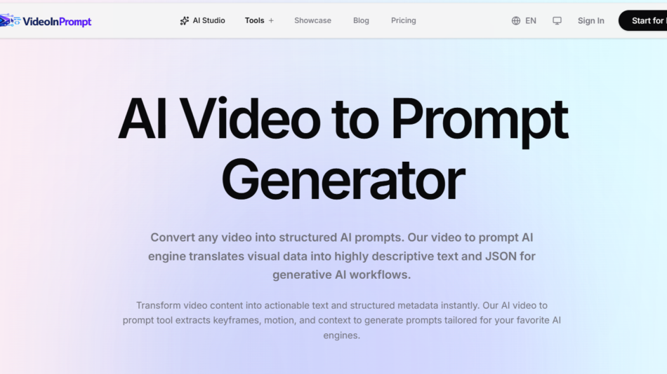 62 - Hero banner with a pastel gradient background, large bold headline 'AI Video to Prompt Generator' and two descriptive paragraphs about converting video into AI prompts.