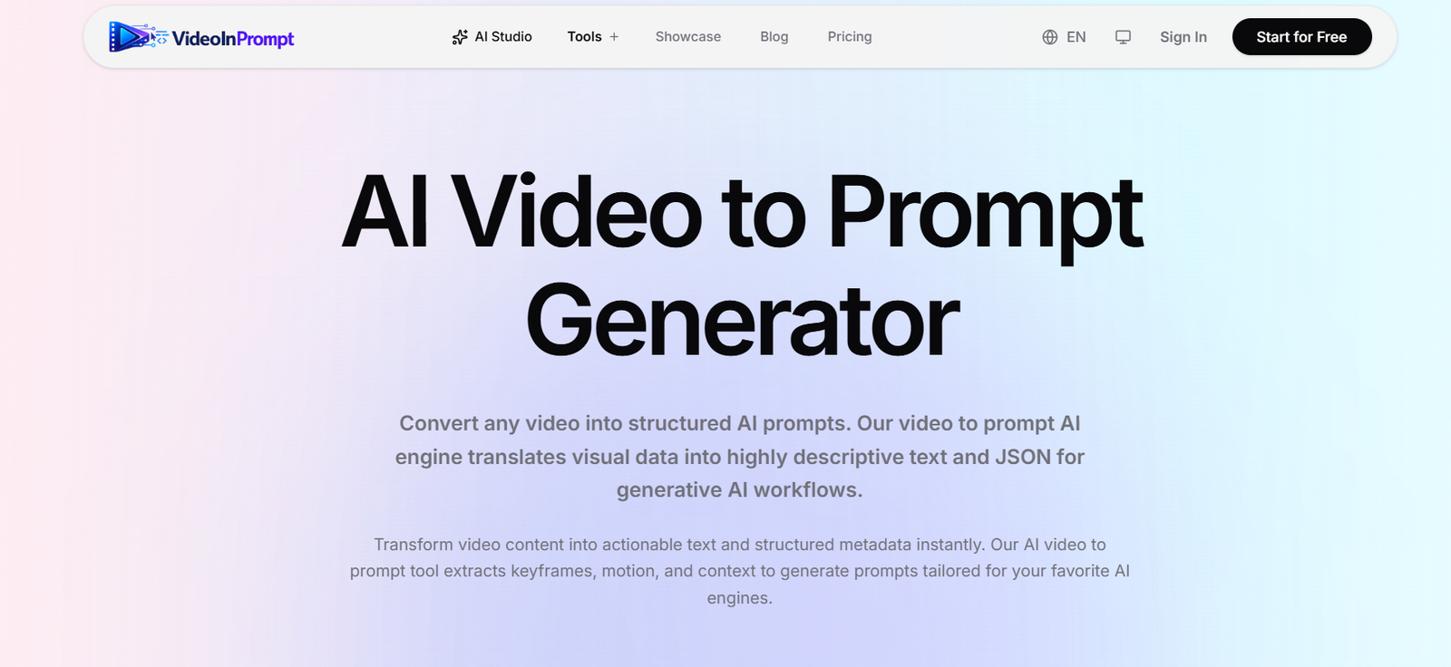 Hero banner with a pastel gradient background, large bold headline 'AI Video to Prompt Generator' and two descriptive paragraphs about converting video into AI prompts.