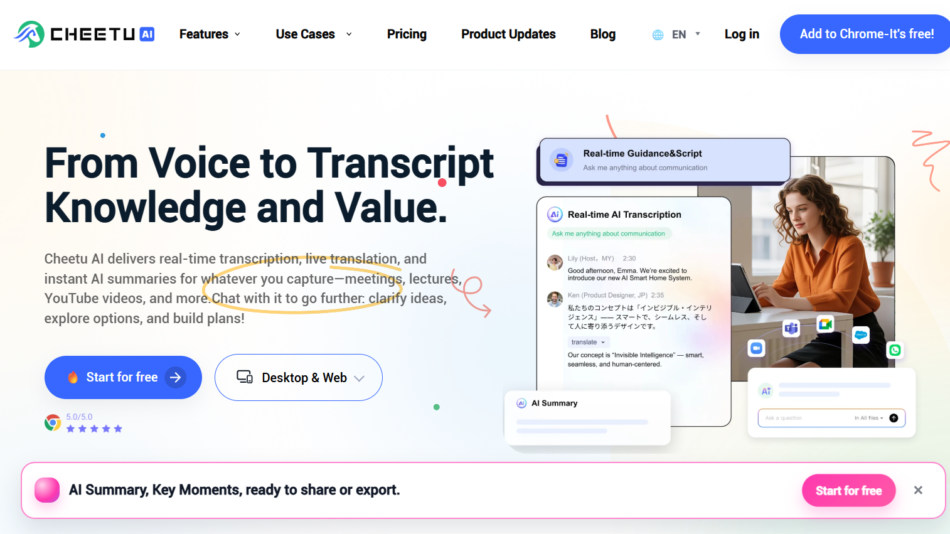 63 - Hero banner for Cheetu AI: headline 'From Voice to Transcript Knowledge and Value' with supporting text, a blue 'Start for free' button and 'Desktop & Web' option, plus an illustration of floating chat panels and a person working at a laptop in a bright, modern layout.