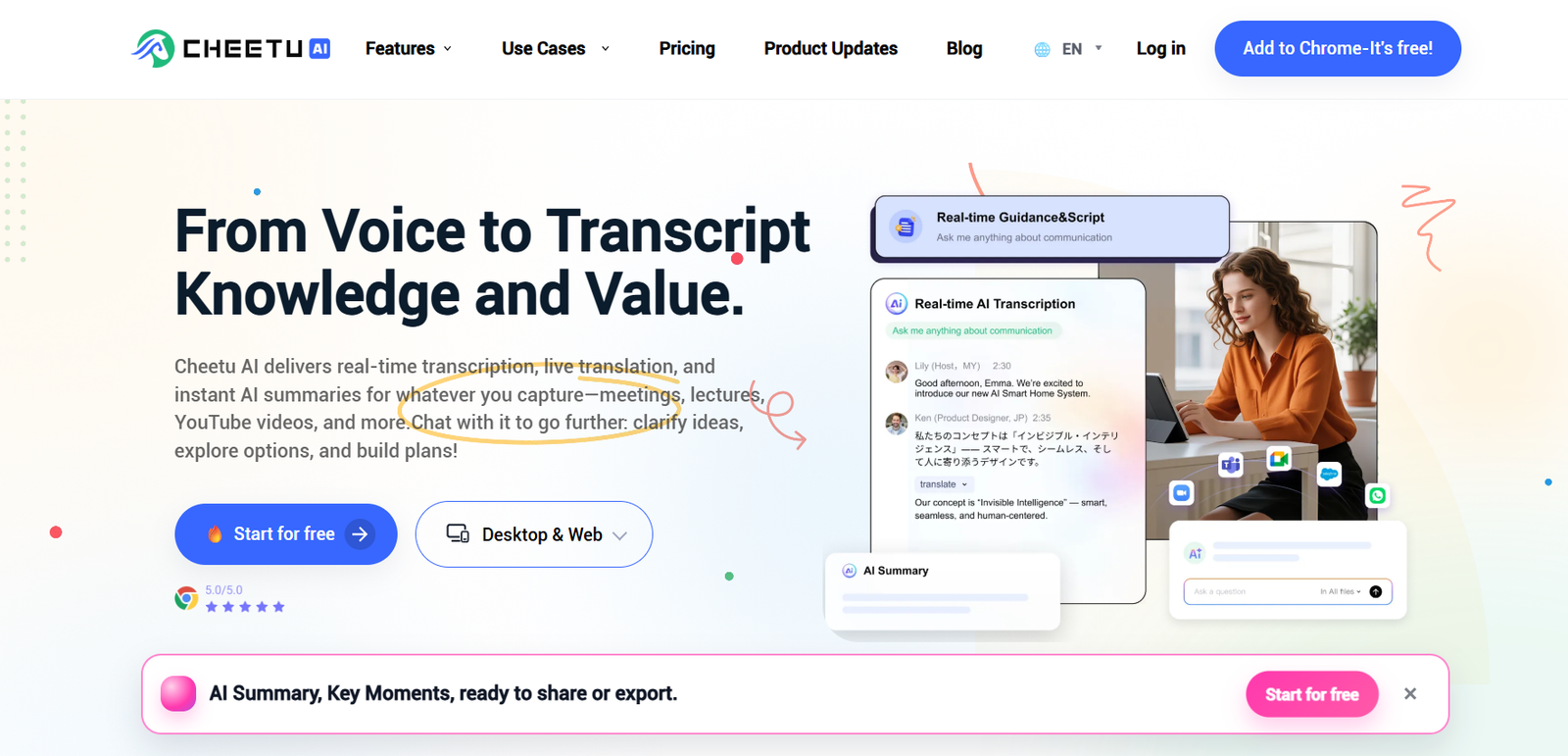63 - Hero banner for Cheetu AI: headline 'From Voice to Transcript Knowledge and Value' with supporting text, a blue 'Start for free' button and 'Desktop & Web' option, plus an illustration of floating chat panels and a person working at a laptop in a bright, modern layout.