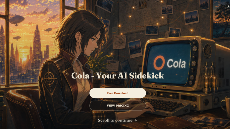 Woman sits at a retro desk with a vintage computer displaying ‘Cola’ as sunset cityscape lamps the room.