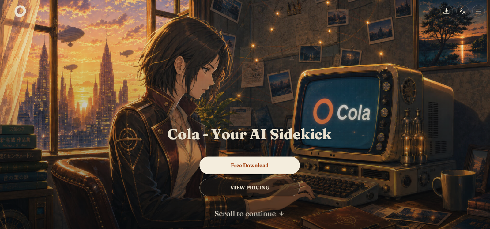 63 - Woman sits at a retro desk with a vintage computer displaying ‘Cola’ as sunset cityscape lamps the room.