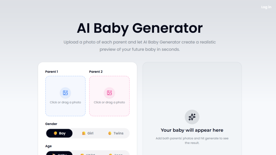 64 - AI Baby Generator landing page with a gradient background; two upload panels labeled Parent 1 and Parent 2 to drag or click photos, and a right panel saying 'Your baby will appear here' awaiting uploads.