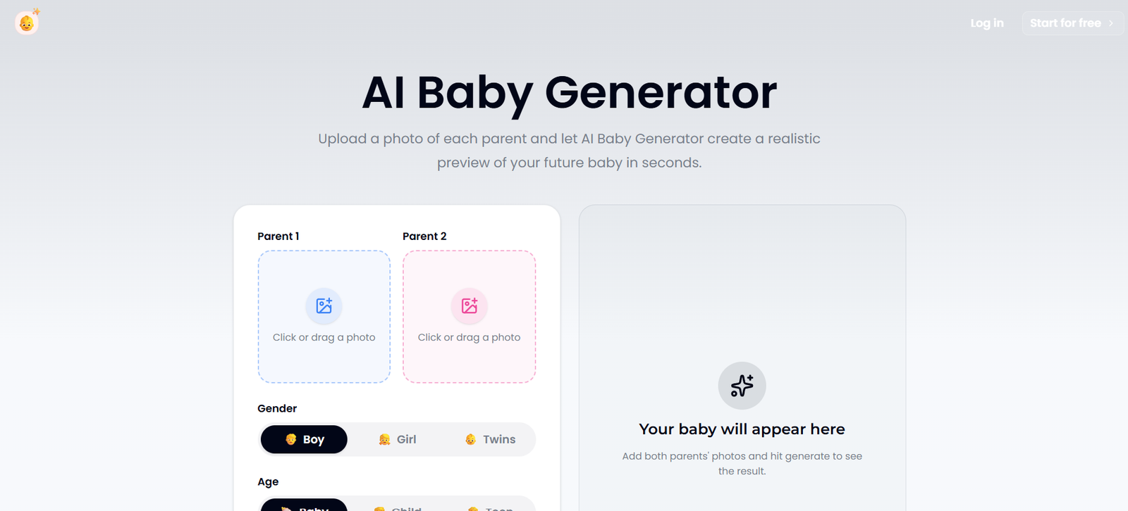 AI Baby Generator landing page with a gradient background; two upload panels labeled Parent 1 and Parent 2 to drag or click photos, and a right panel saying 'Your baby will appear here' awaiting uploads.