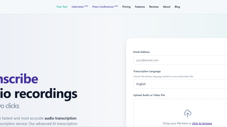 65 - Hero section showing large headline 'Transcribe audio recordings' with gradient background and a floating rounded sign-up form on the right for email, language, and file upload.