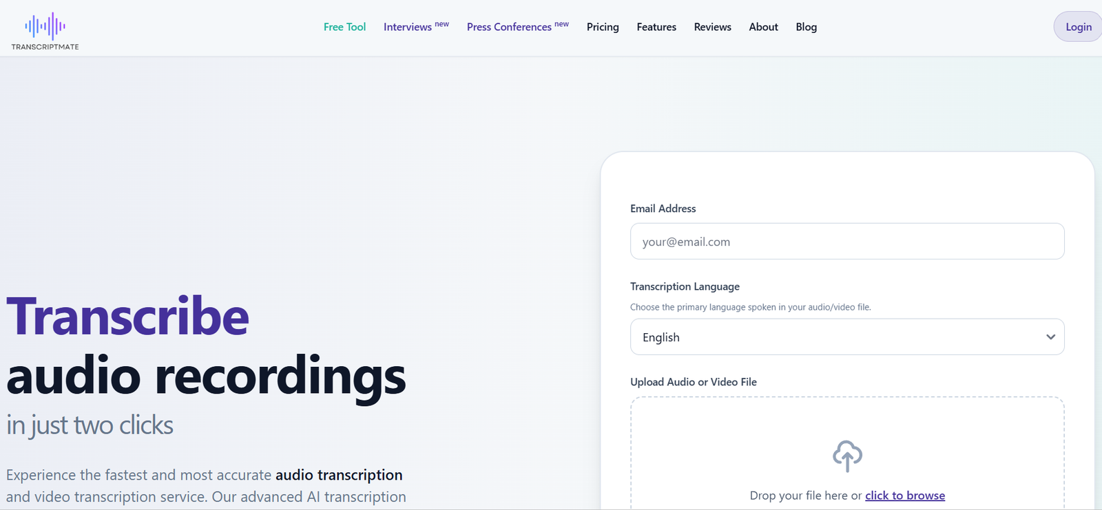 65 - Hero section showing large headline 'Transcribe audio recordings' with gradient background and a floating rounded sign-up form on the right for email, language, and file upload.