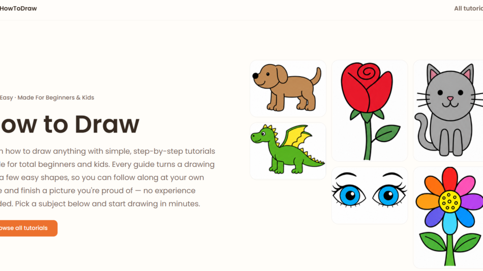 65 - Hero section showing six rounded thumbnails of tutorials (dog, rose, cat, dinosaur, eyes, flower) beside the How to Draw heading and introductory text with an orange Browse button.