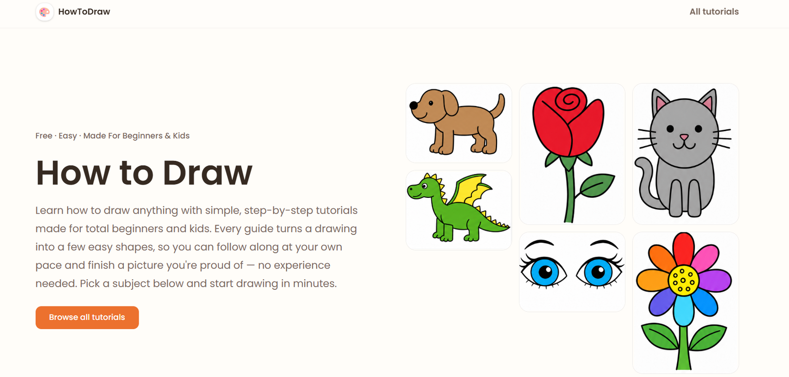 Hero section showing six rounded thumbnails of tutorials (dog, rose, cat, dinosaur, eyes, flower) beside the How to Draw heading and introductory text with an orange Browse button.