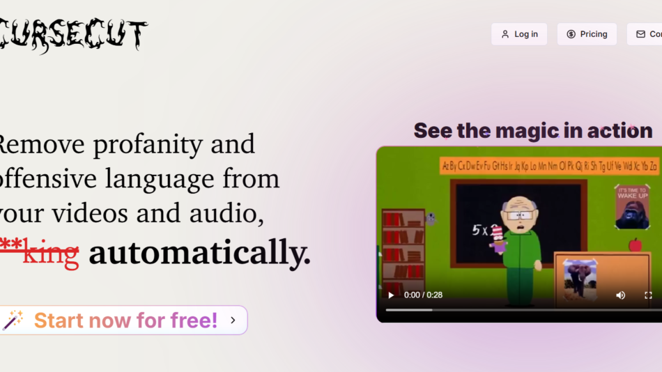 66 - Hero banner showing automatic profanity removal from videos and audio, with censored expletive, and a right-side video thumbnail labeled 'See the magic in action' against a pink gradient; top navigation visible (Log in, Pricing, Contact).