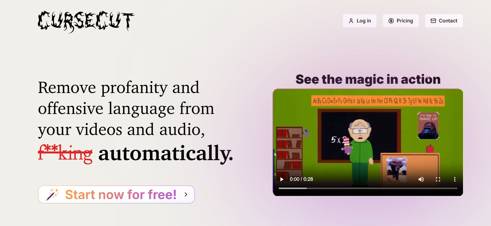 66 - Hero banner showing automatic profanity removal from videos and audio, with censored expletive, and a right-side video thumbnail labeled 'See the magic in action' against a pink gradient; top navigation visible (Log in, Pricing, Contact).