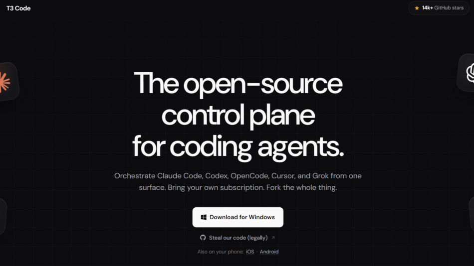 66 - Hero banner with the headline: 'The open-source control plane for coding agents' on a dark grid background, surrounded by floating app icons.