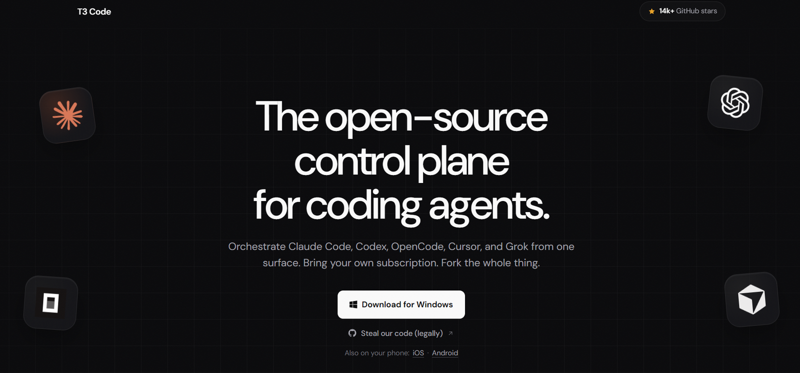 66 - Hero banner with the headline: 'The open-source control plane for coding agents' on a dark grid background, surrounded by floating app icons.