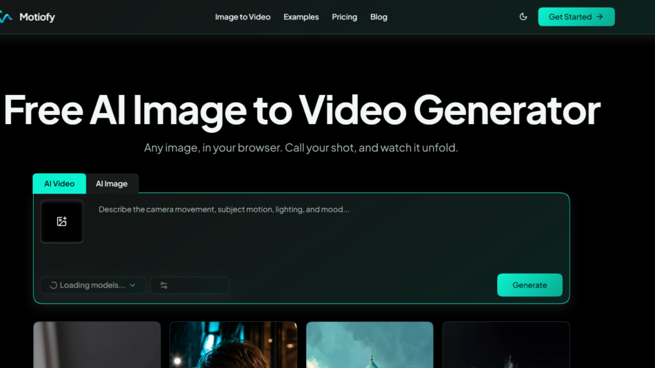 Hero banner for Motify: large text 'Free AI Image to Video Generator' with subtitle, dark theme, top navigation and turquoise Get Started button.