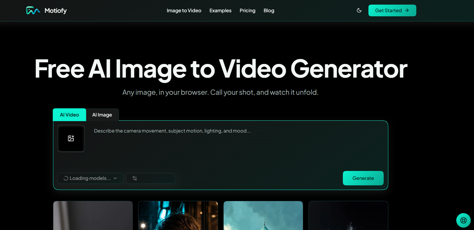 67 - Hero banner for Motify: large text 'Free AI Image to Video Generator' with subtitle, dark theme, top navigation and turquoise Get Started button.