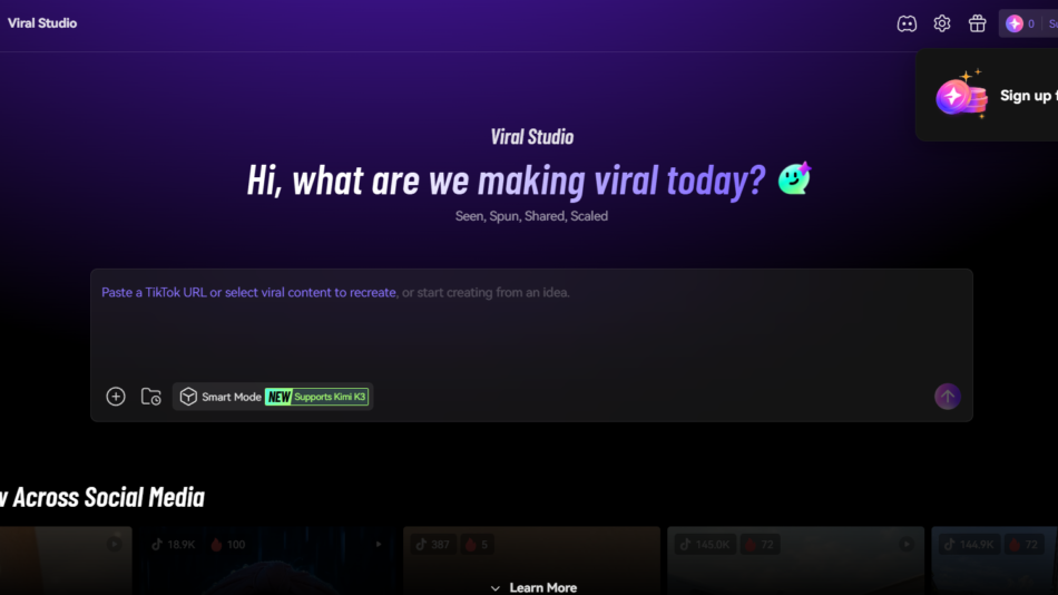 Hero section: Dark purple gradient with title 'Hi, what are we making viral today?' and faint subtitle 'Seen, Spun, Shared, Scaled' on Media.io Viral Studio page