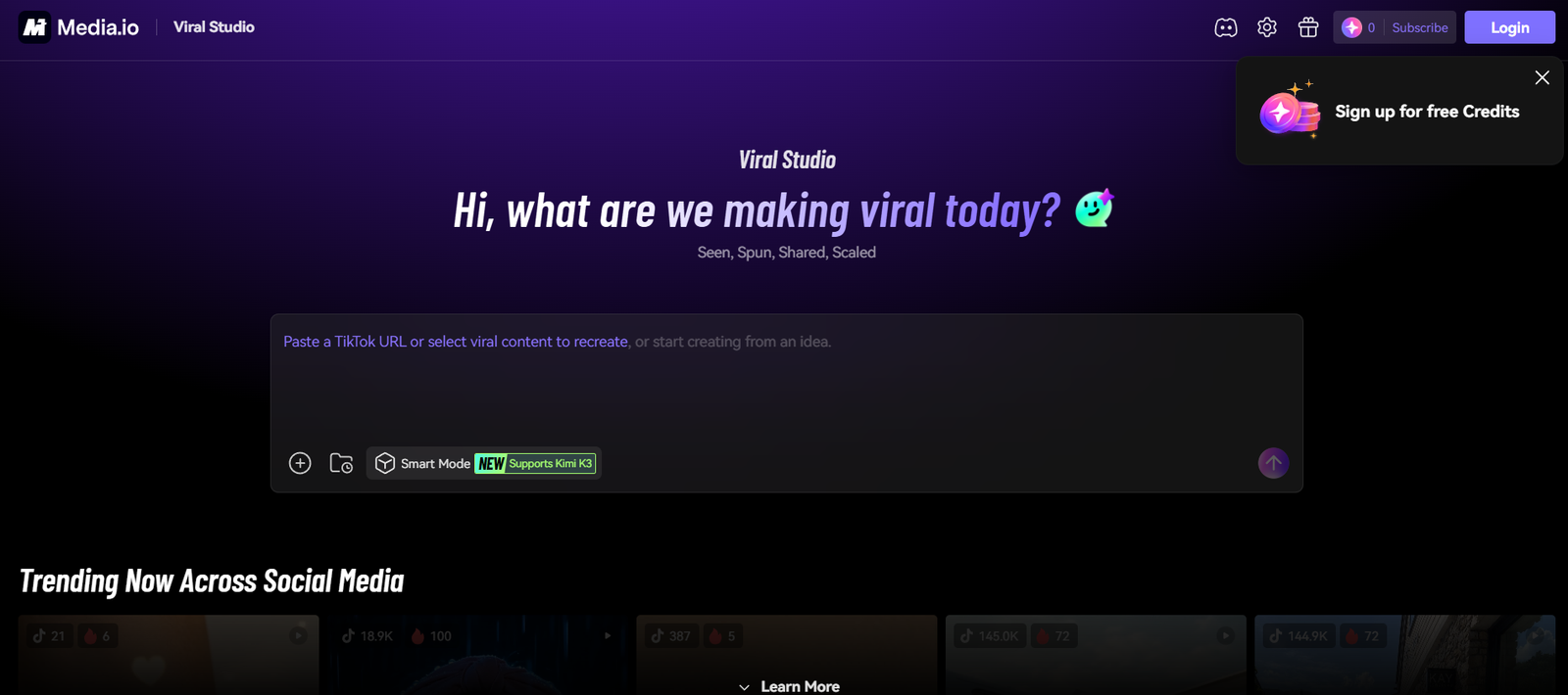 Hero section: Dark purple gradient with title 'Hi, what are we making viral today?' and faint subtitle 'Seen, Spun, Shared, Scaled' on Media.io Viral Studio page