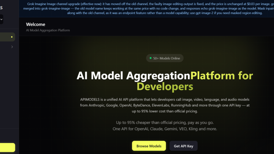 Dark APIMODELS homepage with left navigation rail, top banner, and hero text 'AI Model Aggregation Platform for Developers' with a yellow‑green gradient; shows 'Browse Models' and 'Get API Key' CTAs.