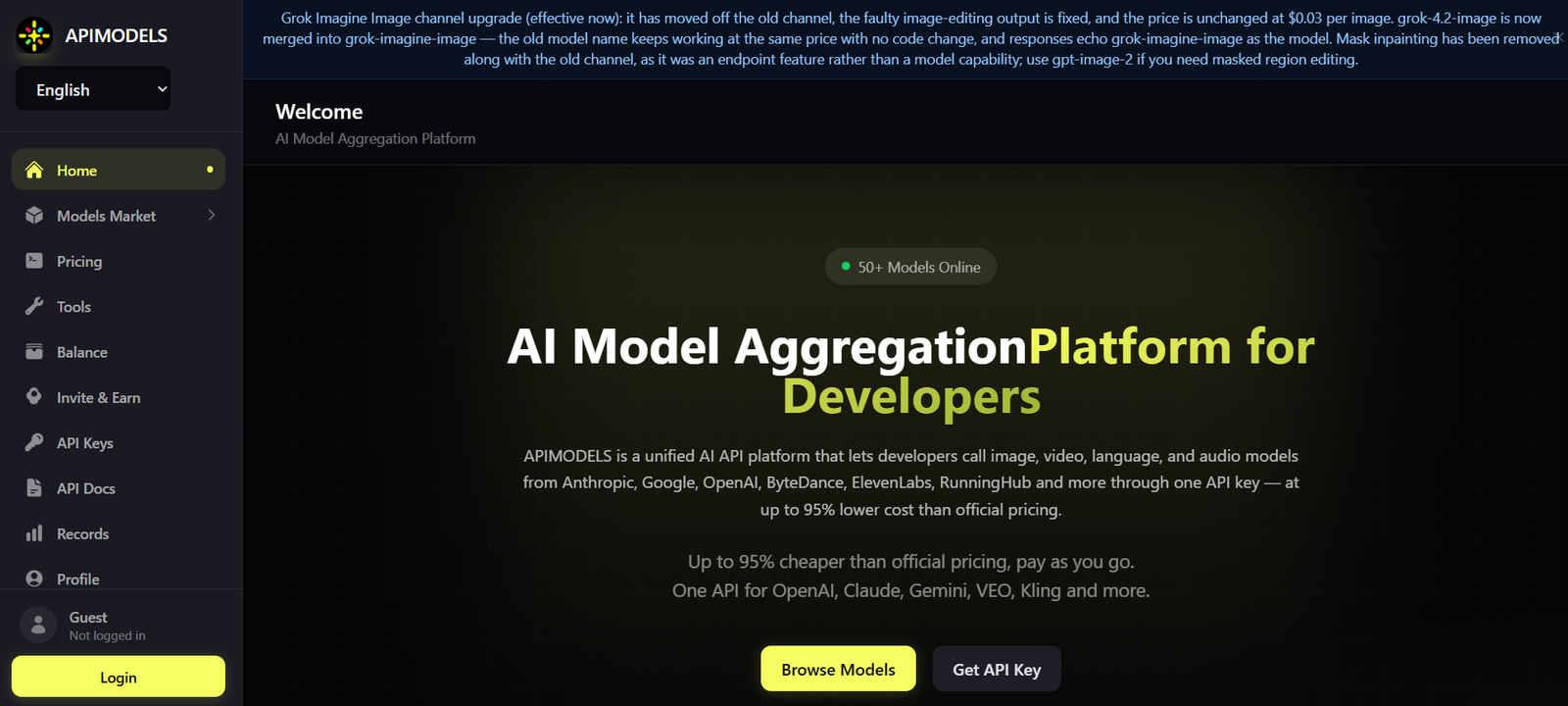 69 - Dark APIMODELS homepage with left navigation rail, top banner, and hero text 'AI Model Aggregation Platform for Developers' with a yellow‑green gradient; shows 'Browse Models' and 'Get API Key' CTAs.