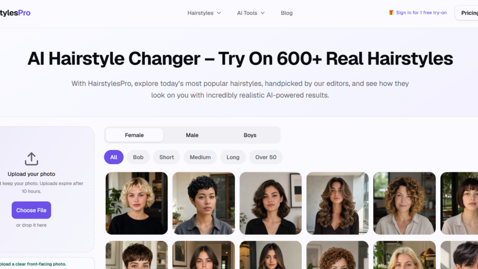 7 - Hero section for HairstylesPro announcing AI Hairstyle Changer with 600+ real hairstyles and upload panel on the left.