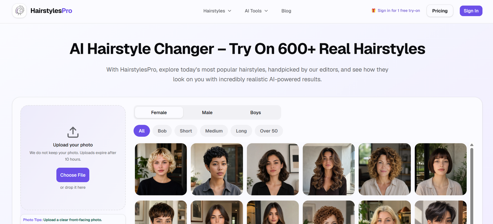 7 - Hero section for HairstylesPro announcing AI Hairstyle Changer with 600+ real hairstyles and upload panel on the left.