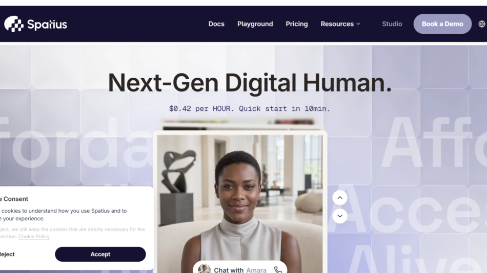 7 - Hero banner: 'Next-Gen Digital Human.' headline over a pale tiled background with a centered portrait of a woman and a dark navigation bar above the image.