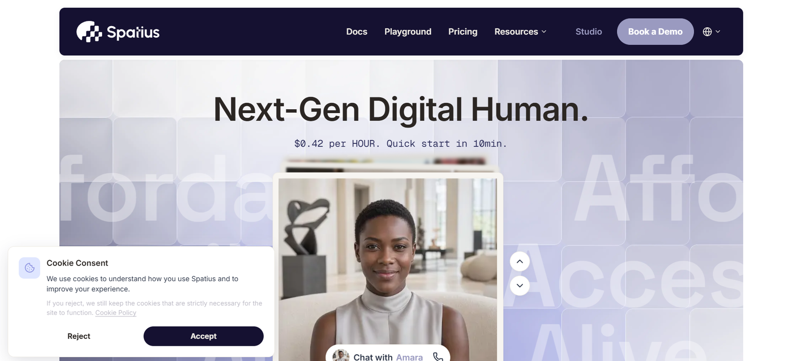 Hero banner: 'Next-Gen Digital Human.' headline over a pale tiled background with a centered portrait of a woman and a dark navigation bar above the image.