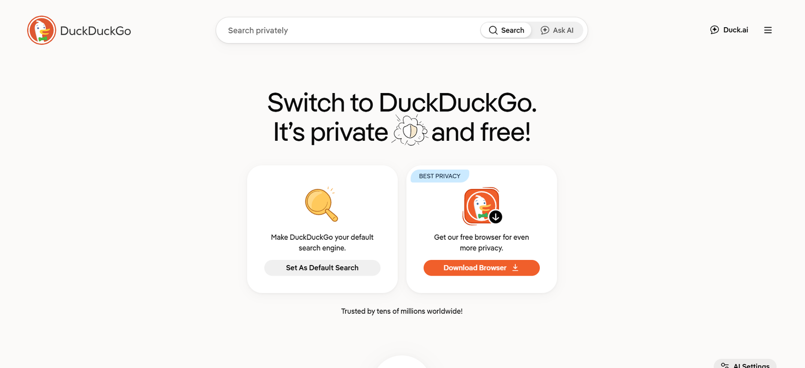 DuckDuckGo homepage hero with the headline: Switch to DuckDuckGo. It’s private and free!