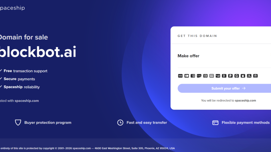Hero banner for blockbot.ai domain sale with Spaceship logo, left list of benefits, and a white 'Get this domain' offer panel.