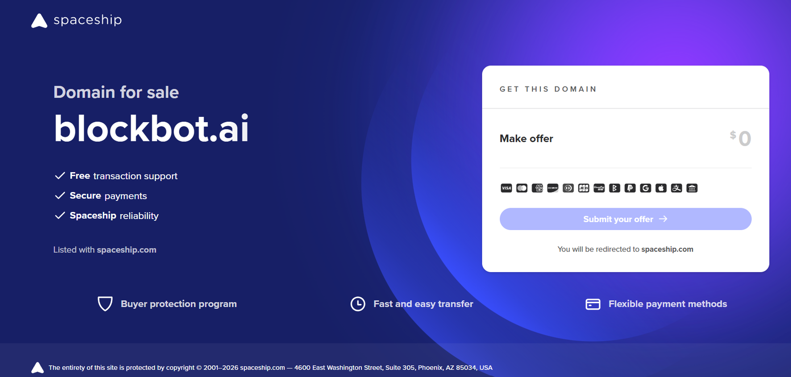 7 - Hero banner for blockbot.ai domain sale with Spaceship logo, left list of benefits, and a white 'Get this domain' offer panel.