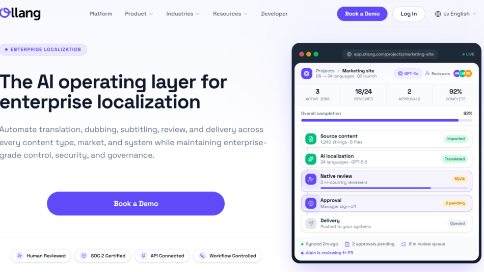 Ollang hero: header navigation with logo, bold headline about AI localization, subheading, purple Book a Demo button, and a screenshot-style app window on the right.