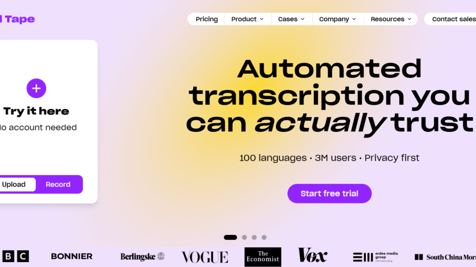 Gradient lavender hero with bold black headline 'Automated transcription you can actually trust' on the right and a white rounded card on the left reading 'Try it here' with Upload and Record buttons.