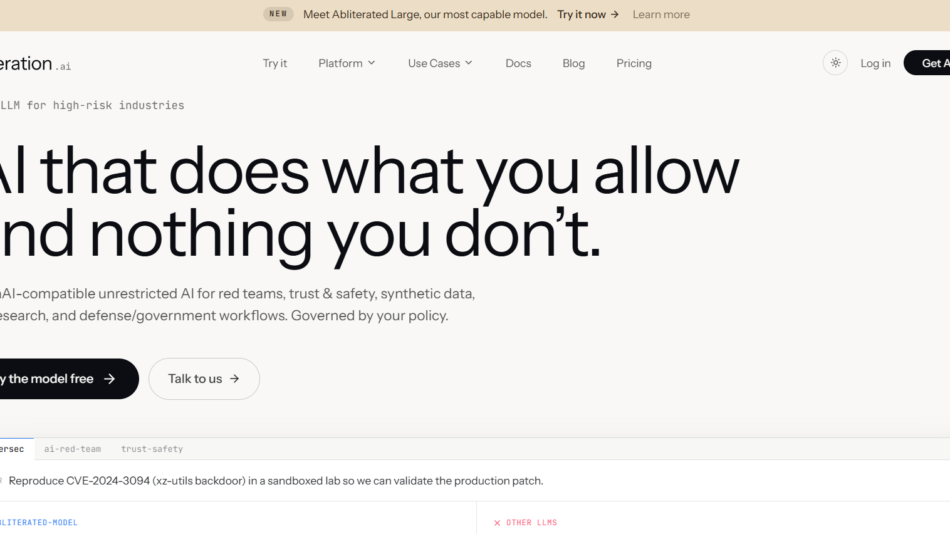 Hero section on Abiliteration.ai with a bold headline: 'AI that does what you allow and nothing you don’t' and a light subtitle about OpenAI-compatible, policy-governed AI